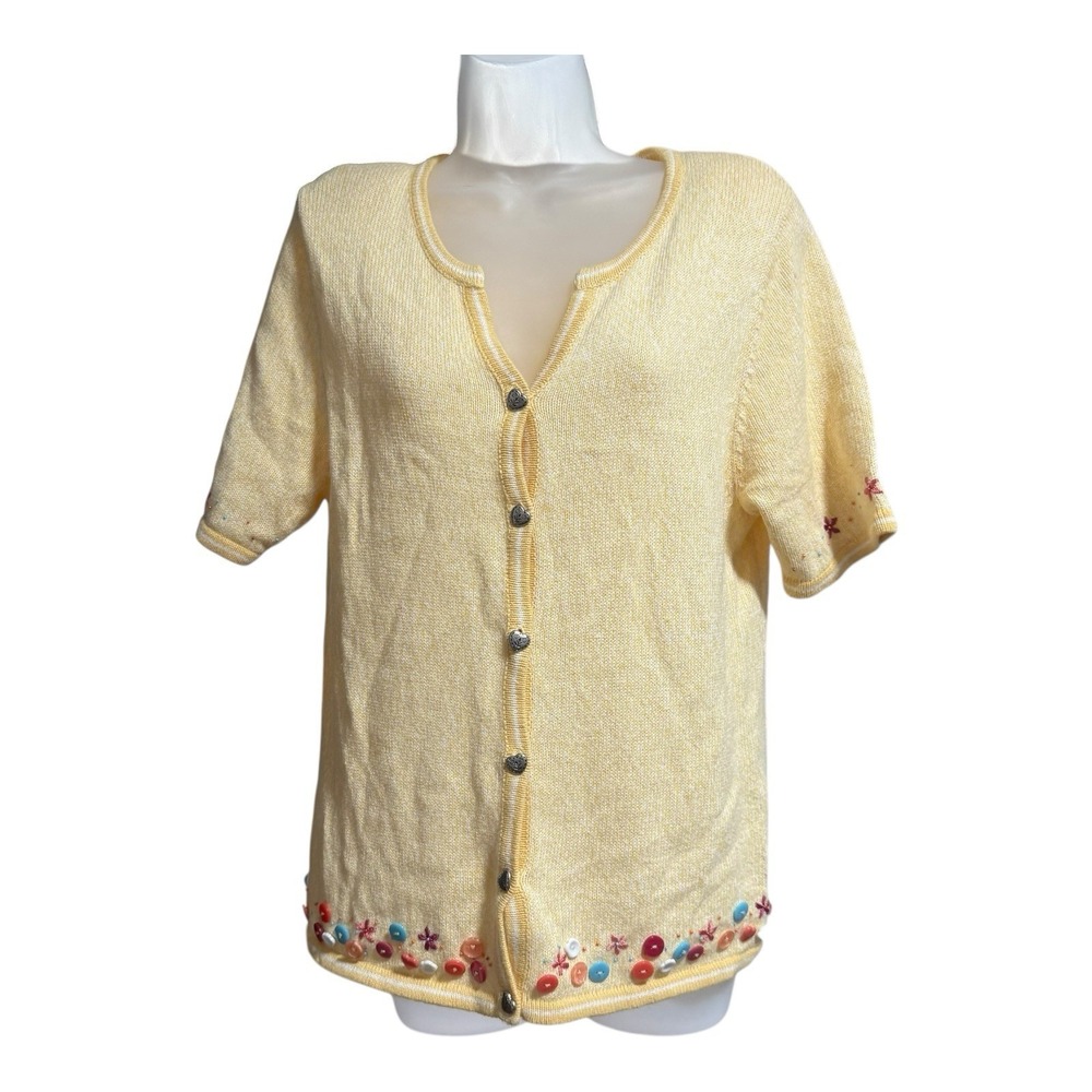 Christopher & Banks Cardigan Sweater Womens Medium Yellow Excellent Embroidered